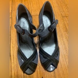 VANELI Patent Leather/Suede Peep Toe Shoes Size 8 Wedges Ankle Strap Green